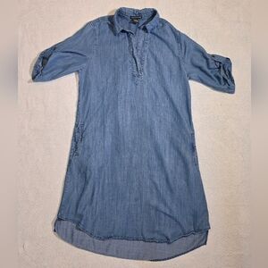 Chelsea & Theodore Chambray Shift Dress Roll Tab Sleeve Pockets Blue